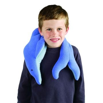 Front view of little boy wearing Weighted Washable Dolphin Wrap around his neck