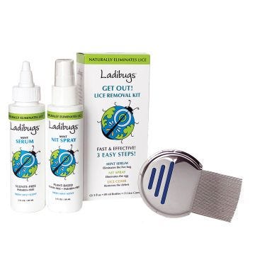 Front view of Get Out Lice Removal Kit with Mint Serum, Mint Nit Spray, and Lice Comb
