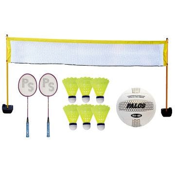 An equipment bundle consisting of one white volleyball; one yellow and blue volleyball; two badminton racquets; six shuttlecocks; 2 volleyball game standards; and one volleyball net.