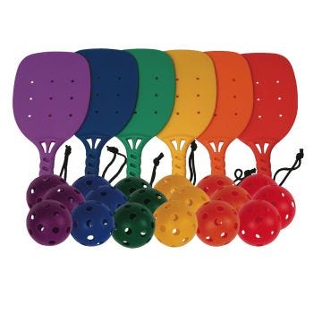 Six plastic paddles with wrist straps in colors purple; blue; green; yellow; orange; and red. Nine small holes in each paddle. Eighteen plastic balls with holes in colors purple; blue; green; yellow; orange and red.