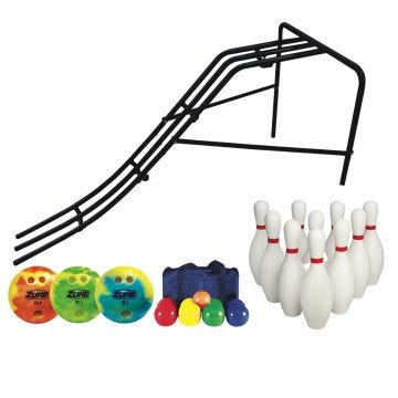 One three-rail black steel bowling ramp. Three bowling balls in orange; green; blue. One blue carrying bag. Eight bocce balls; two each in red; yellow; green; blue. One orange jack. Ten white bowling pins with a red stripe.