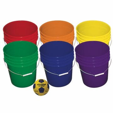 Six large buckets in colors red; orange; yellow; green; blue; purple. One ball with blue and yellow soccer-style panels.