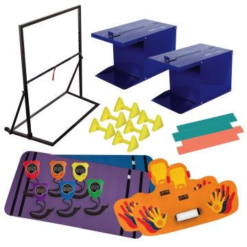 Machine with bar used for pull-ups. Two blue boxes for measuring stretches. Two rectangular mats. Two mats with hand marking on both sides. Six stopwatches. Colored strips.