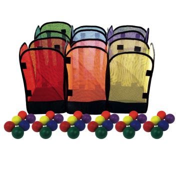 Six rectangular mesh baskets in colors red; orange; yellow; green; blue; purple. Six sets of six foam balls in colors red; orange; yellow; green; blue; purple.