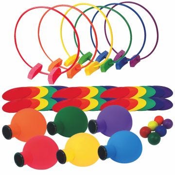 Six hoops placed in holders; in vertical position. Multiple flat rubber spots in a pile. Six igloo shaped devices with openings for inserting a foam ball. Six balls. All objects are in 6 colors – red; orange; yellow; green; blue; purple.