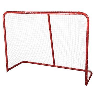 a franklin 54 inch red steel hockey goal with a heavyweight white net