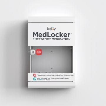 White Medlocker cabinet. Empty cabinet. Decals displaying brand name and name of cabinet in grey lettering.