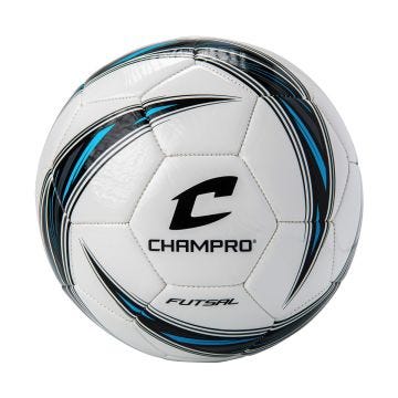 White ball with black and blue trim and stitched hexagonal panels. C Champro Futsal printed in black.