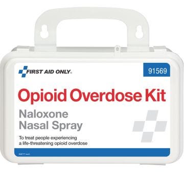 a plastic narcan nasal spray first aid kit. the kit includes two naloxone nasal spray devices; two bzk antiseptic towelettes; two cpr face shields; four nitrile exam gloves; four sterile gauze pads 2x2