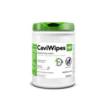 6 inch by 6.75 inch white plastic canister of disinfecting hp caviwipes; 160 wipes
