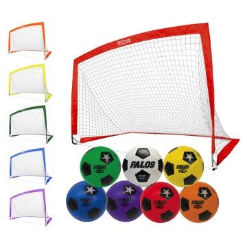 Six rectangular pop-up soccer goals in red; yellow; green; orange; purple; and blue. Seven soccer balls in green; white; yellow; blue; purple; red; and orange.
