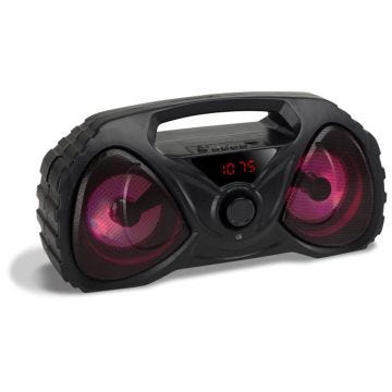 Black wireless boombox with digital number display in the center. LED lights and adjustment knob on the front. Carry handle on top.