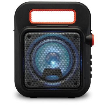 Wireless speaker with LED lights and carrying handle. Black color with orange accents