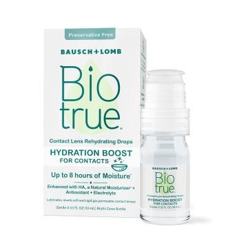 Front view of 0.33 fl oz (10mL) Biotrue® Hydration Boost Contact Lens Rehydrating Drops next to box 