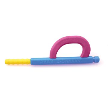 a pink grabber loop attached to the blue z-grabber handle with a yellow textured bite and chew tip