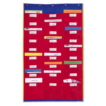 Large red wall chart with 27 pockets; in 9 rows of 3. Blue trim at the top and bottom.