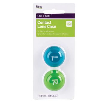one contact lens soft-grip case for hard or soft lenses with large letters on the base for easy left and right identification
