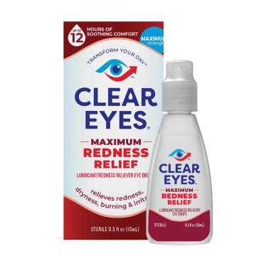 0.5 ounce clear eyes maximum redness lubricant relief sterile eye drops bottle next to product package