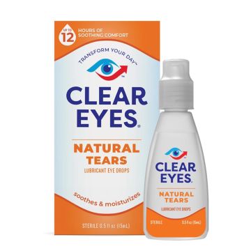 0.5 ounce clear eyes natural tears lubricant sterile eye drops bottle next to product package