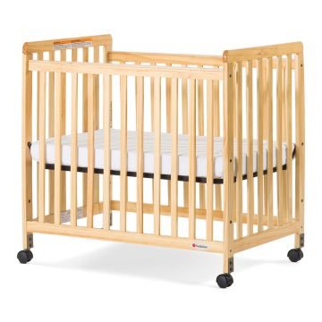 natural wood safetycraft fixed-side compact crib with slated end panels and an adjustable solid steel box frame for crib mattress