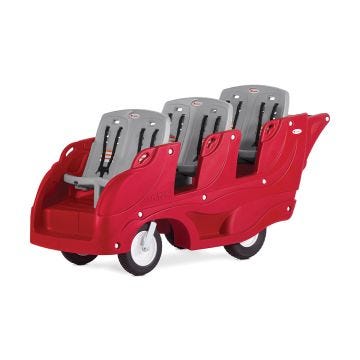 angle view of the parade 6 buggy in red with six gray seats and safety seat belts