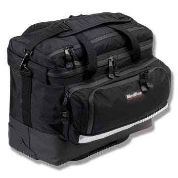 angle view of a closed medpac medtrunk plus wheeled bag in black