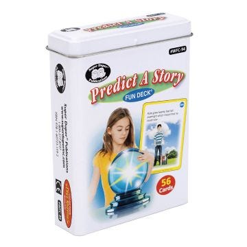 super duper publications predict a story fun deck 56 cards set in a metal container