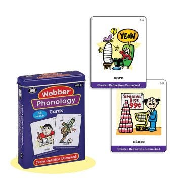 weber phonology cluster reduction unmarked 64 cards set featuring  2 cards of a character with a sore foot and a character in a store with a grocery cart