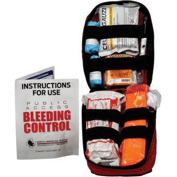 an unzipped north american rescue public access individual bleeding control kit with instructions for use