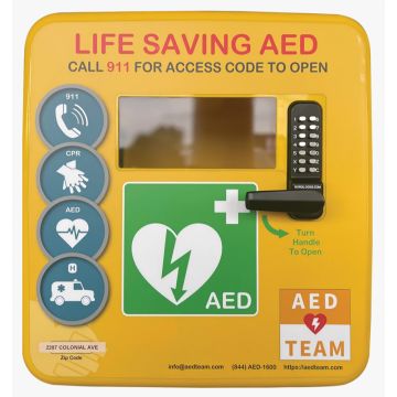 a yellow ce-tek 4000 all weather aed enclosure locked 