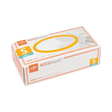 accutouch vinyl synthetic clear powder free exam 3.5mil gloves; size small; 100 in box