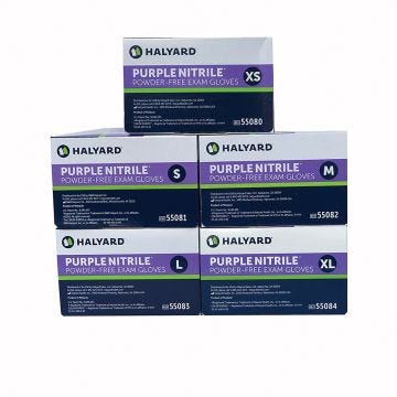 halyard purple nitrile powder-free exam 6mil gloves in sizes extra small; small ; medium; large and  extra large