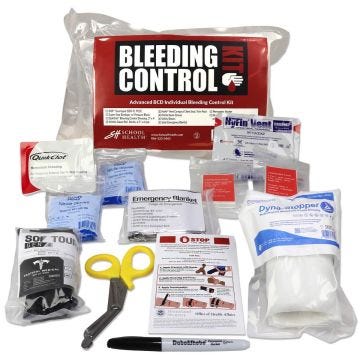 Red molle bag; black straps. Bleeding Control patch and white cross patch. Components shown: Two packages of krinkle gauze roll; nitrile gloves; emergency blanket; dyna stopper; tourniquet; hyfin chest seal; Quik clot; marker; STB instructions and scissor