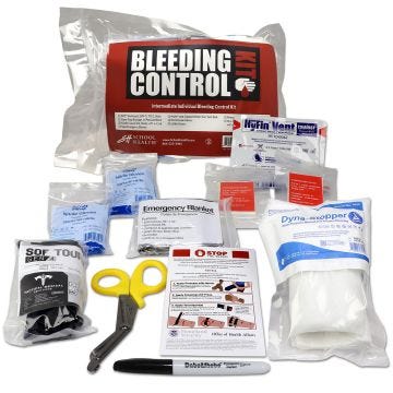 Bleeding Control Kit on black label. Intermediate Individual Bleeding Control Kit in white writing. While block of all components of kit. Red label. Clear vacuum sealed bag. Components shown: (2) nitrile gloves; tourniquet; emergency blanket; shears
