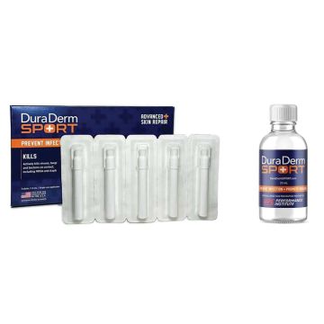 A Duraderm sport glass bottle set neatly; alongside a pack of Duraderm sport sticks displayed on a white background.