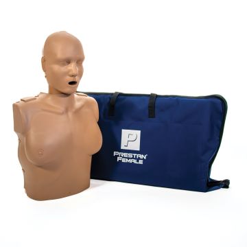 Female dark skin manikin next to blue Prestan branded bag
