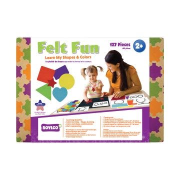 Packaging displaying a adult and child happily playing with vibrant felt pieces; encouraging imaginative play and strengthening their connection.