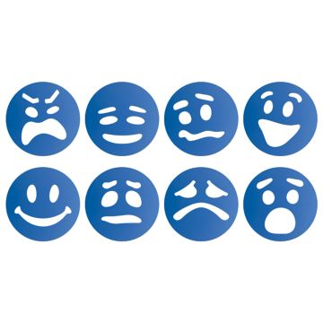 8 distinct emoticon stencils showcasing varied expressions and emotions.