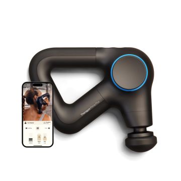 Theragun Prime Plus with the triangle grip and cell phone showing the Therabody app