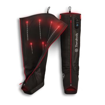 Pair of Therabody JetBoots with one open to show the infrared strips on the inside and one closed to show the outside zipper; LCD screen and boot shape.