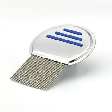 A stainless steel lice comb featuring blue stripes; showcasing a sleek design and a polished finish.