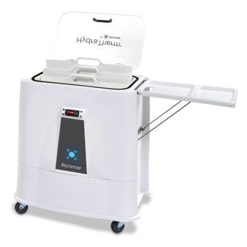 A hydrocollator with Richmar's logo on the front with the top panel lifted to show handles on dividers.