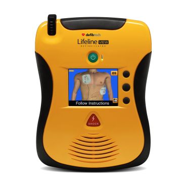 Yellow AED case with black accents. Screen located in the middle of the device containing an image of how to apply AED pads to human torso. Green button just above is the power button. Red button below screen is to deliver shock.