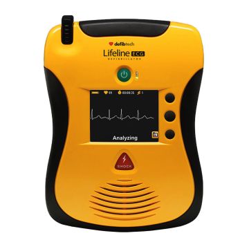 Yellow AED case with black accents. Screen located in the middle contains the heart rhythm; power level; and total time since device activated. Green button just above is the power button. Red button below screen is to deliver shock.