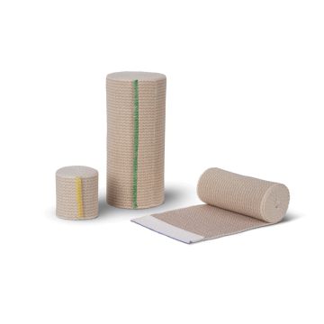 Different sizes of the tan colored elastic bandage showing the color coded line for fastening.