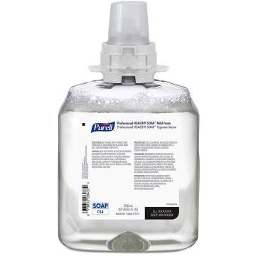 Back view of clear; soap refill Purell Professional Healthy Soap Milk Foam refill bottle. 1250 mL.