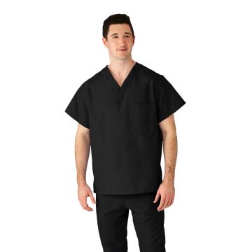 Front view of a model; from the waist up; wearing a black scrub top with a v-neck collar.