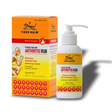 A Tiger Balm Arthritis bottle and box displayed on a clean white background; emphasizing its role in alleviating arthritis symptoms and promoting joint comfort.
