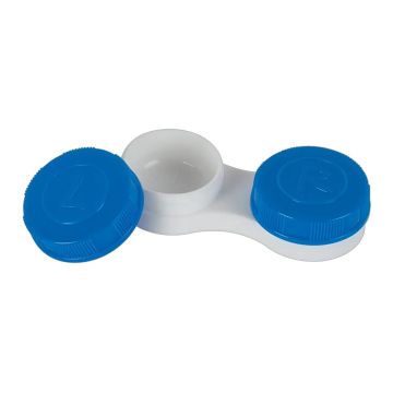 A compact contact lens case featuring a white holder and blue screw tops; designed for storing and protecting contact lenses