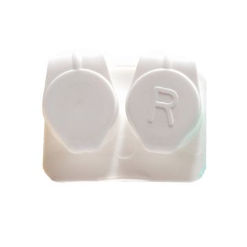 A pair of Eaton Medical White Contact Lens case featuring the letter 'R' on the cover displayed against a white background